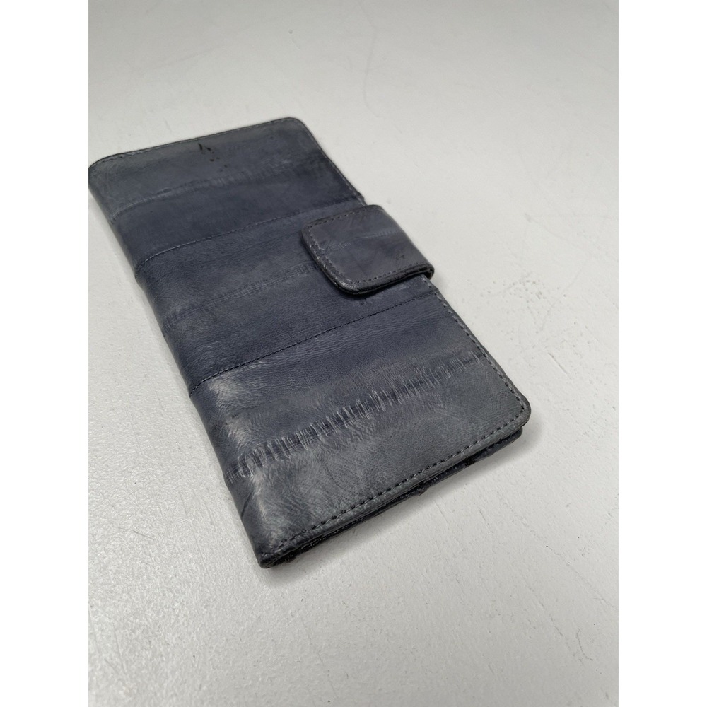 Genuine Eel Skin Bifold Wallet Gray Soft Leather Credit Card Slots Snap Closure